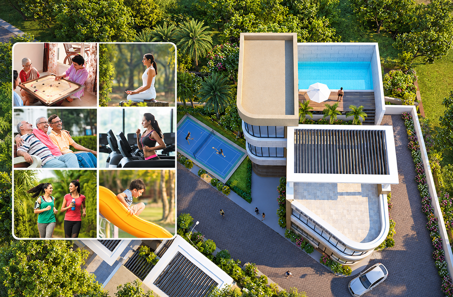 Clubhouse and outdoor badminton court in an architectural recreation rendering from the brochure